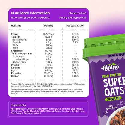 ALPINO 22% High Protein Super Oats Chocolate 2.5kg – Rolled Oats, Natural Peanut Butter, Cocoa Powder, Nuts & Seeds – 22g Protein, Source of Dietary Fibre & Healthy Fats, No Added Sugar & Salt