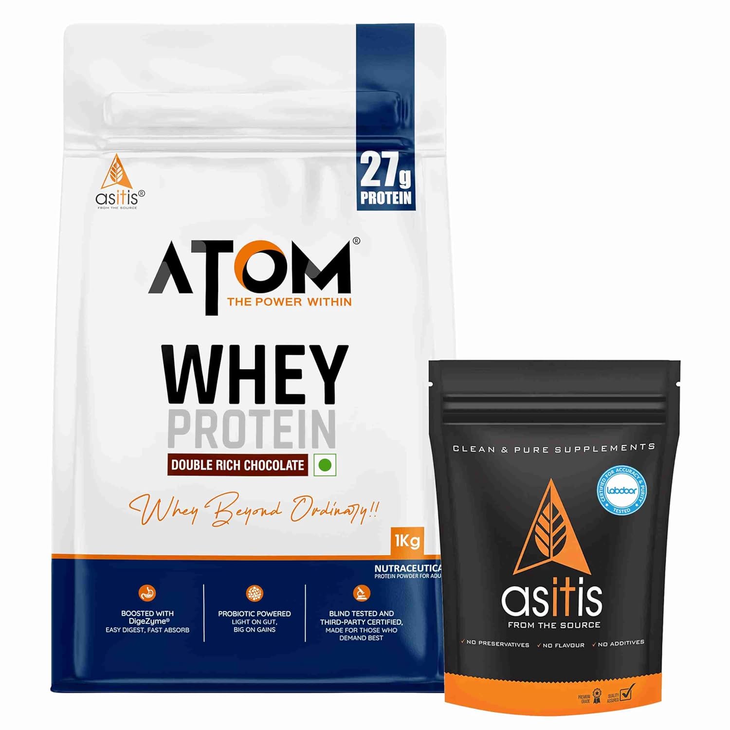 ATOM Whey Protein Double Rich Chocolate 1kg+ AS-IT-IS Creatine 100g (Combo Pack)