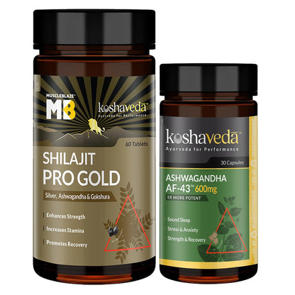 Koshaveda Shilajit Pro Gold by MuscleBlaze (60 Tablets) with Ashwagandha AF-43 600mg (60 Capsules) | for Strength & Recovery