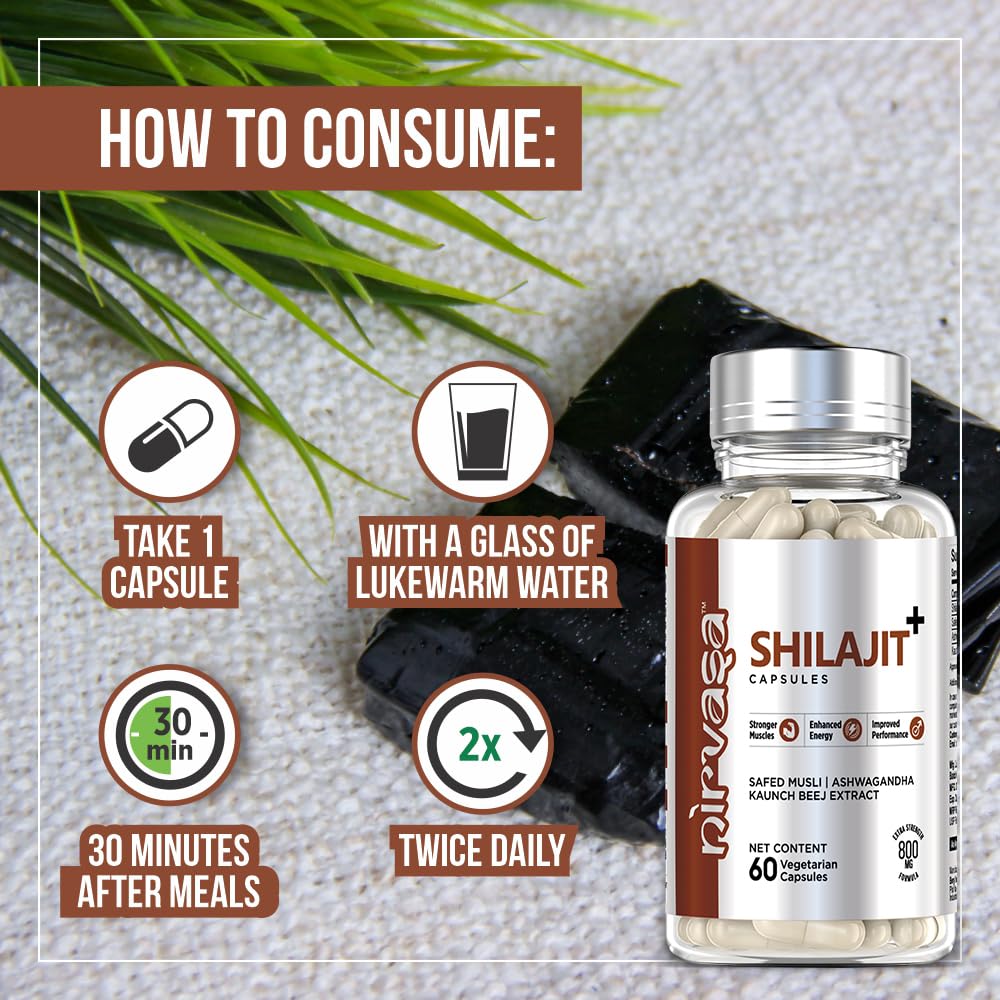 Nirvasa Pure Shilajit/Shilajeet (800mg) 3x60 Capsules | Boost Strength, Stamina, Energy & Immunity | Supports Vitality, Performance & Muscle Growth | Ashwagandha, Safed Musli & Kaunch Beej (Pack of 3)