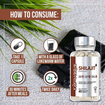 Nirvasa Pure Shilajit/Shilajeet (800mg) 3x60 Capsules | Boost Strength, Stamina, Energy & Immunity | Supports Vitality, Performance & Muscle Growth | Ashwagandha, Safed Musli & Kaunch Beej (Pack of 3)