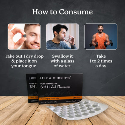 Life & Pursuits Pure Real India Himalayan Shilajit Dry Drops 180 Tablets, 200mg, 85+ Trace Minerals, Minimum 75% Fulvic Acid, Gold Grade Dietary Supplement for Men, With 3rd Party Lab Test Report