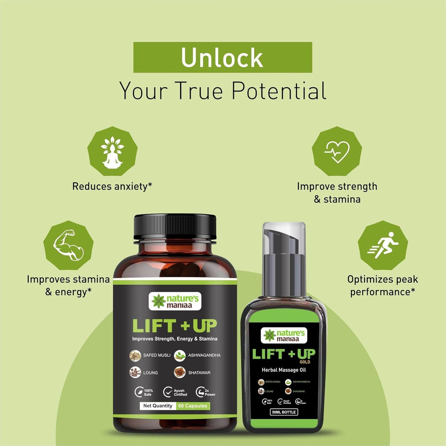 Nature's Maniaa Lift-Up Natural Massage Oil 50 ml And Lift Up Capsule 60 Pies With Pure and Natural Ingredients, No side Effects