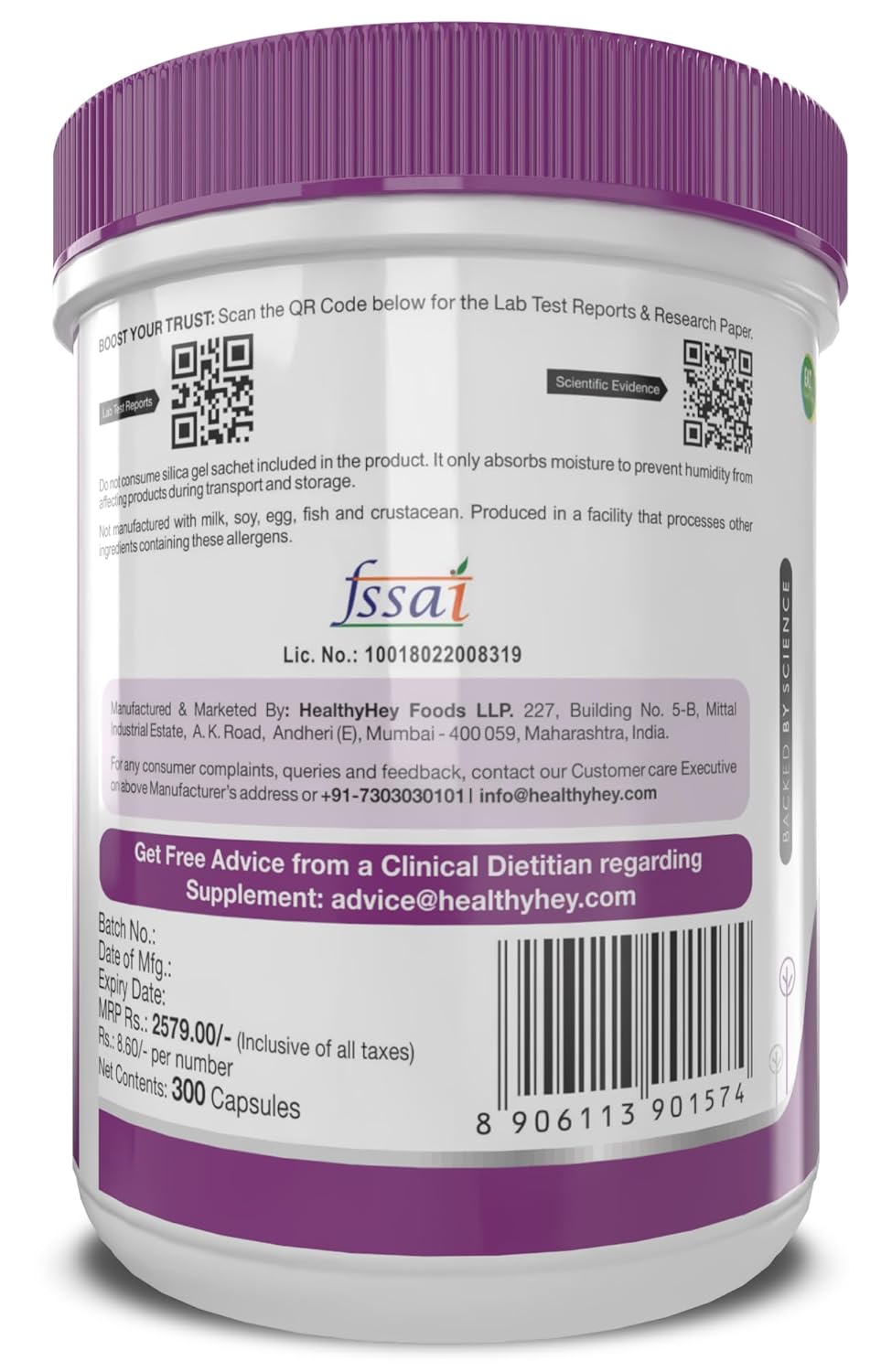 HealthyHey Nutrition Magnesium Glycinate High Absorption for Sleep, Cramps, & Nerves Health -300 Vegetable Capsules