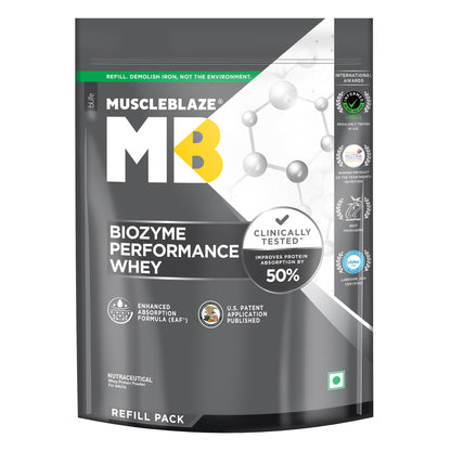 MuscleBlaze Biozyme Performance Whey Protein Powder, Rich Chocolate (1kg / 2.2lbs) | 25g Protein Per Scoop | Clinically Tested 50% Higher Protein Absorption
