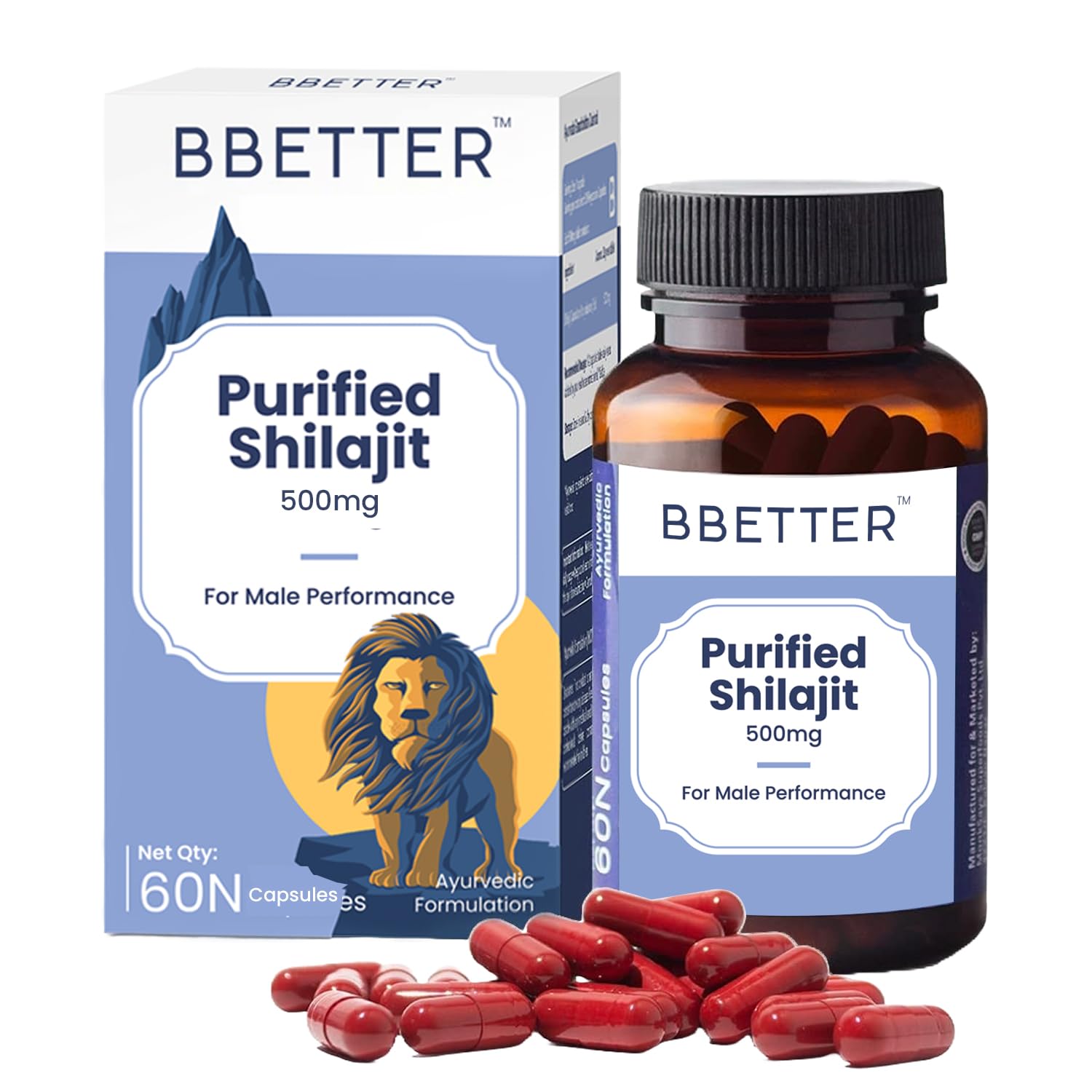 BBETTER Purified Shilajit 500mg | Lab Tested Shilajeet for Stamina, Strength, Muscle & Vitality Support for Men | Supports Healthy Testosterone Level | Pure Himalayan Shilajit Extract - 60 Capsules
