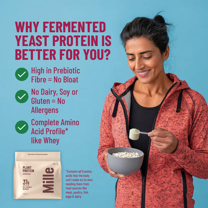Mille Plant Protein | 31g Protein | Unflavoured | Made with Fermented Yeast Protein Powder | No Bloat, Vegan, Heat-Stable | Has All 9 Essential Amino Acids | Mixes into Any Dish | 500g