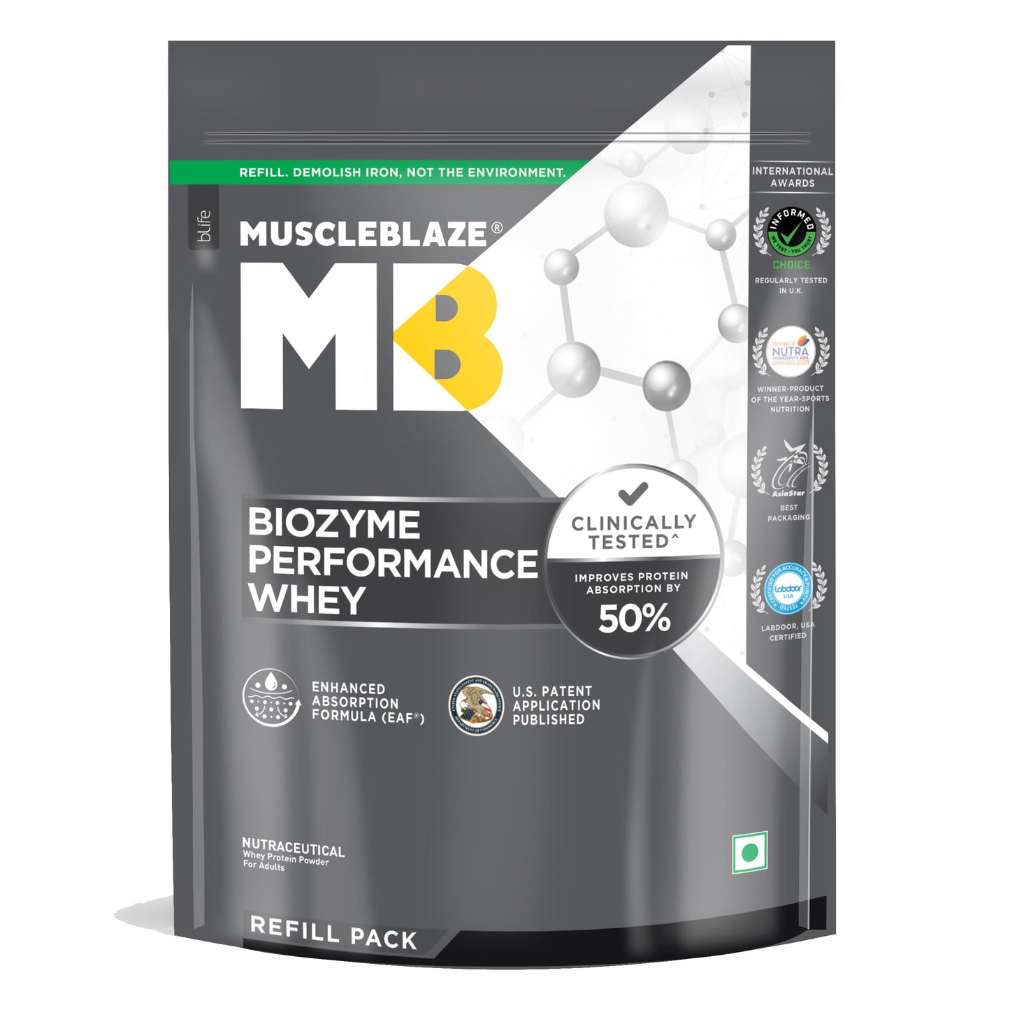 MuscleBlaze Biozyme Performance Whey Protein Powder, Rich Chocolate (1kg / 2.2lbs) | 25g Protein Per Scoop | Clinically Tested 50% Higher Protein Absorption