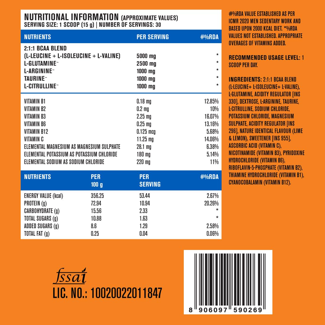 FAST&UP BCAA Lime Lemon Flavour Advanced BCAA Supplement with Glutamine, Citrulline, L-Arginine & Taurine - Pre/Post Workout & Intra Workout Supplement Powder for Adults(450gm, 30 Servings)
