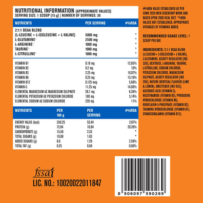 FAST&UP BCAA Lime Lemon Flavour Advanced BCAA Supplement with Glutamine, Citrulline, L-Arginine & Taurine - Pre/Post Workout & Intra Workout Supplement Powder for Adults(450gm, 30 Servings)