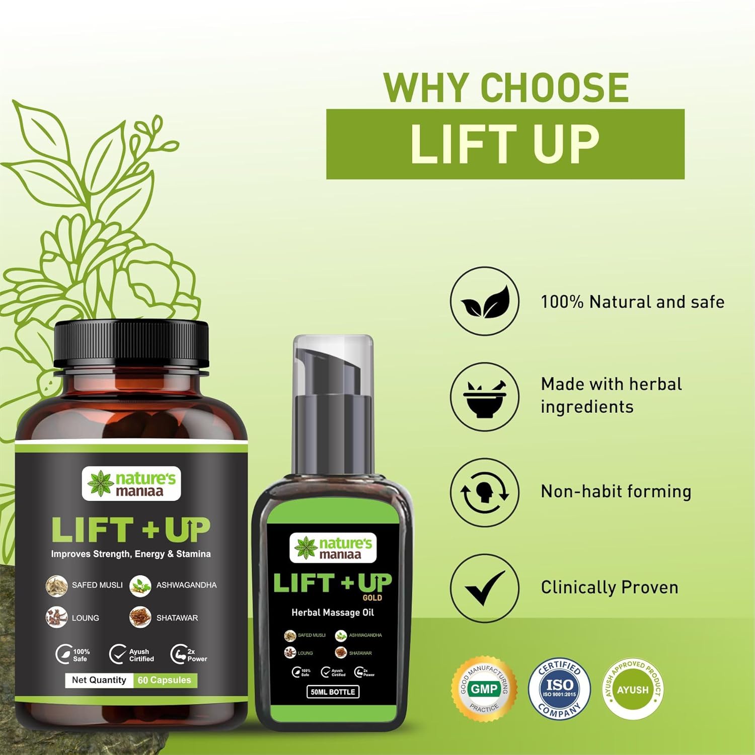 Nature's Maniaa Lift-Up Natural Massage Oil 50 ml And Lift Up Capsule 60 Pies With Pure and Natural Ingredients, No side Effects