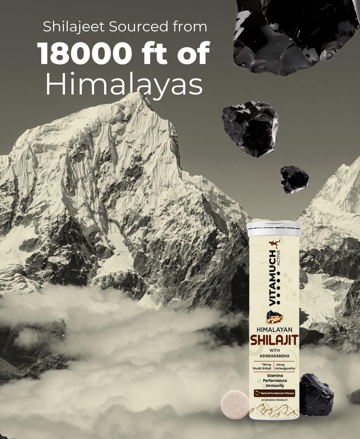 Shilajit Original Effervescent Tablets, With Ashwagandha, Gokshura & Safed Musli for Strength, Performance & Muscle recovery, Natural Cardamom Flavour (30 Day (Pack of 2)-Shilajit)