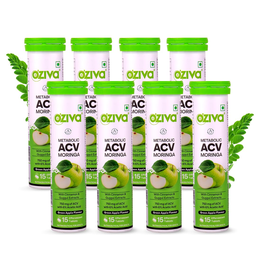 OZiva ACV Moringa | Control Cravings I Apple Cider Vinegar, Cinnamon, Guggul I No Maltodextrin & No Added Sugar I 15 Effervescent Tablets - Green Apple, Pack of 4 (60 tablets).