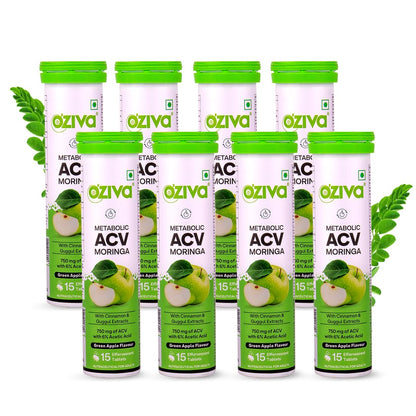OZiva ACV Moringa | Control Cravings I Apple Cider Vinegar, Cinnamon, Guggul I No Maltodextrin & No Added Sugar I 15 Effervescent Tablets - Green Apple, Pack of 4 (60 tablets).