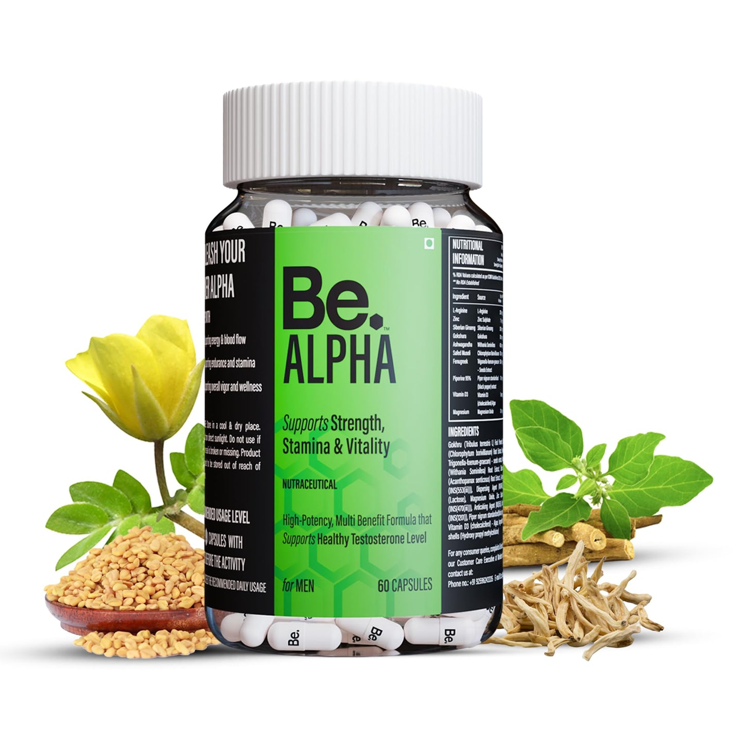 Be. Alpha Testosterone Support for Men | Daily Magnesium Supplement, Ashwagandha, Safed Musli, Fenugreek, Gokhshura & Ginseng | For Energy, Stamina, Vitality & Muscle Mass | (120 capsules)
