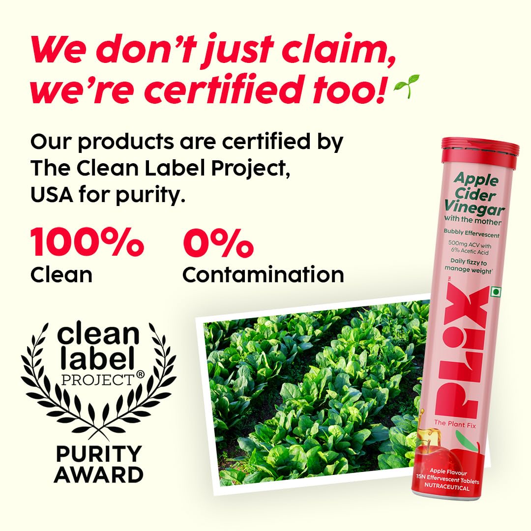 THE PLANT FIX Apple Cider Vinegar Effervescent Tablet with mother | Supports Metabolism & Appetite Control I With 500mg ACV, Vit B6 & B12 I No Maltodextrin, No Added Sugar I Pack of 4 (60 tablets)