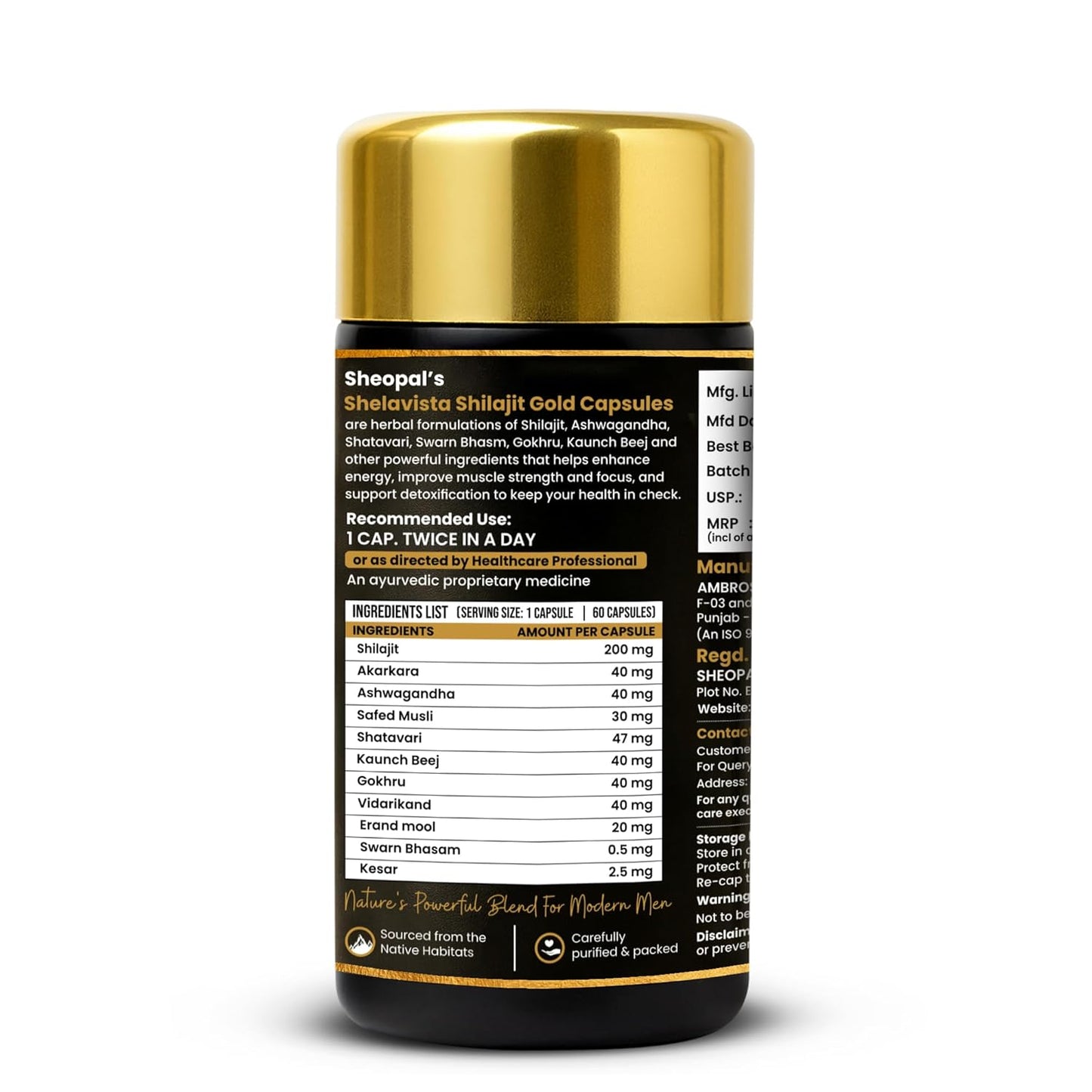 Sheopals Shelavista Shilajit/Shilajeet Gold 60 Capsules | For Stamina, Muscle Growth & Energy | Ashwagandha, Gokshura, Safed Musali With Other Action Herbs | 100% Ayurvedic