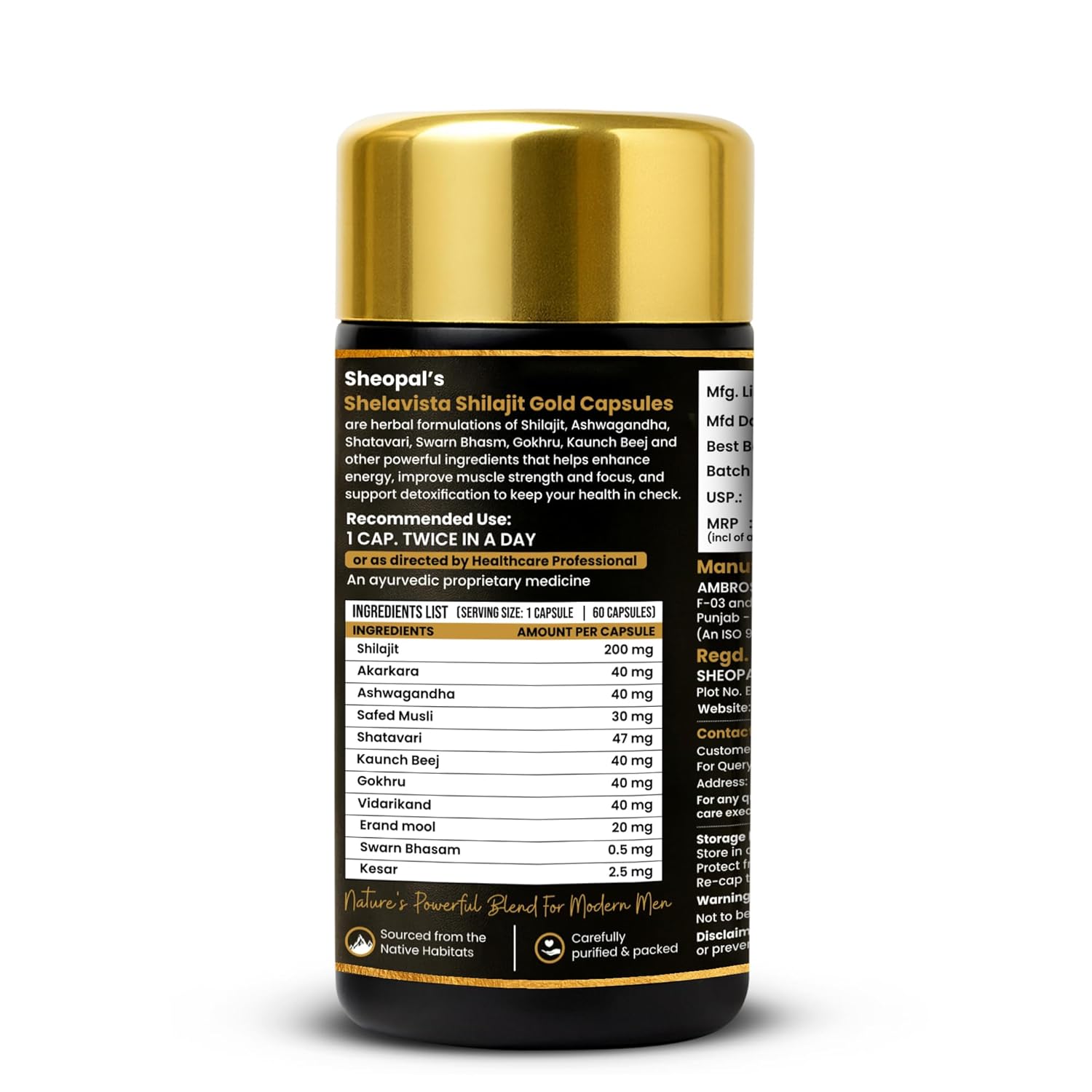 Sheopals Shelavista Shilajit/Shilajeet Gold 60 Capsules | For Stamina, Muscle Growth & Energy | Ashwagandha, Gokshura, Safed Musali With Other Action Herbs | 100% Ayurvedic