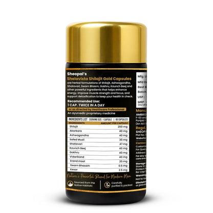 Sheopals Shelavista Shilajit/Shilajeet Gold 60 Capsules | For Stamina, Muscle Growth & Energy | Ashwagandha, Gokshura, Safed Musali With Other Action Herbs | 100% Ayurvedic