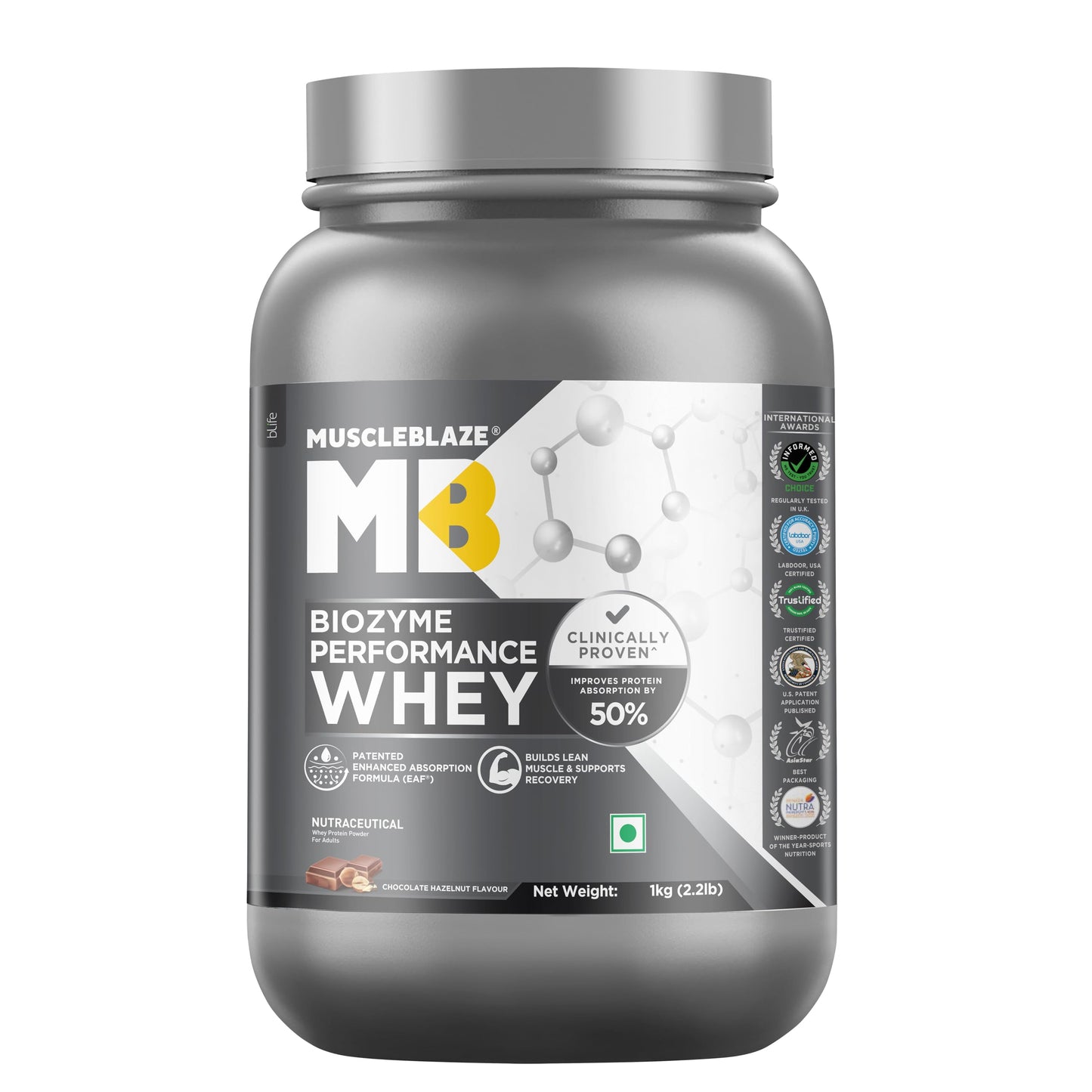 MuscleBlaze Biozyme Performance Whey Protein Powder, Rich Chocolate (1kg / 2.2lbs) | 25g Protein Per Scoop | Clinically Tested 50% Higher Protein Absorption