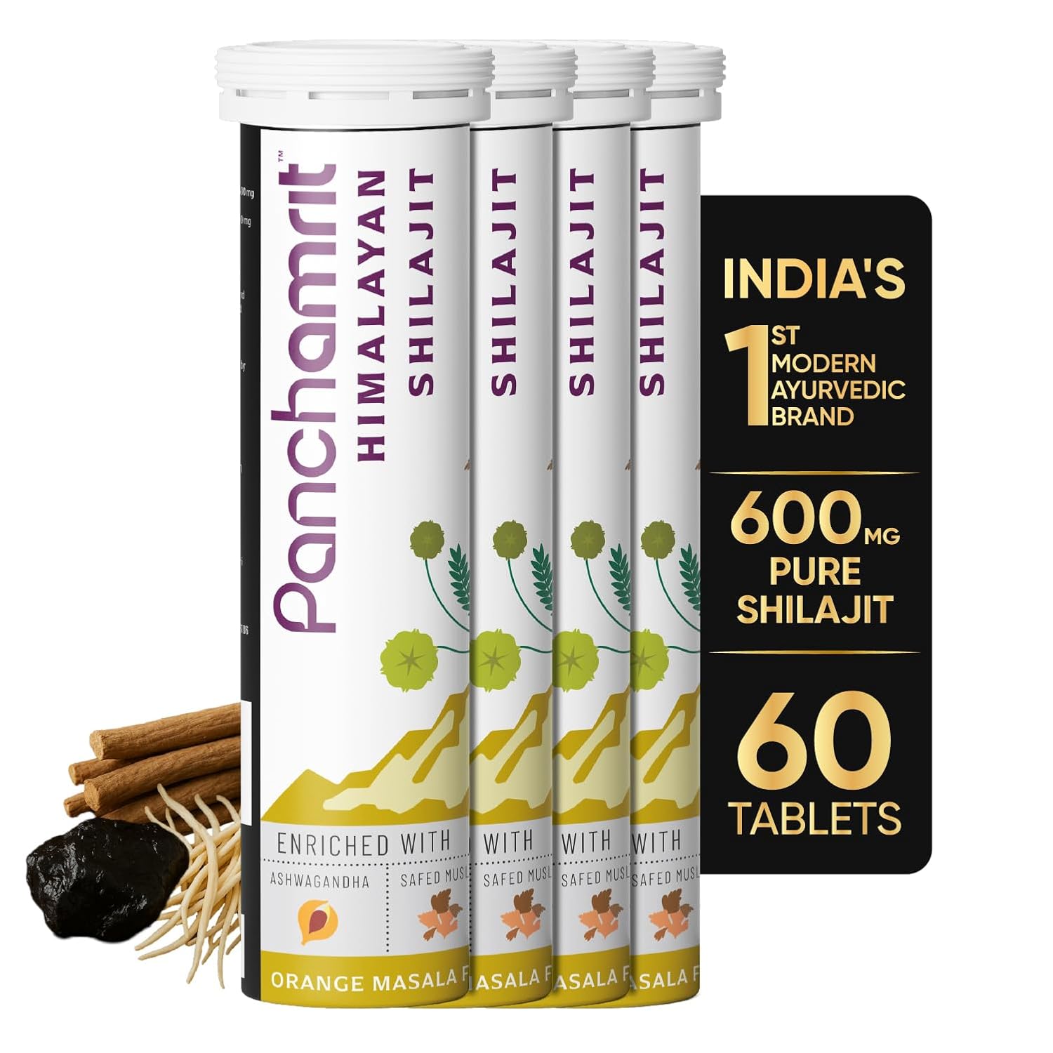 Panchamrit Pure Himalayan Shilajit Effervescent Tablets | 600mg Shilajeet Supplement for Men & Women | Stamina & Energy Booster | 100% Ayurvedic | Ashwagandha, Safed Musli |15 Tablets, Pack of 4