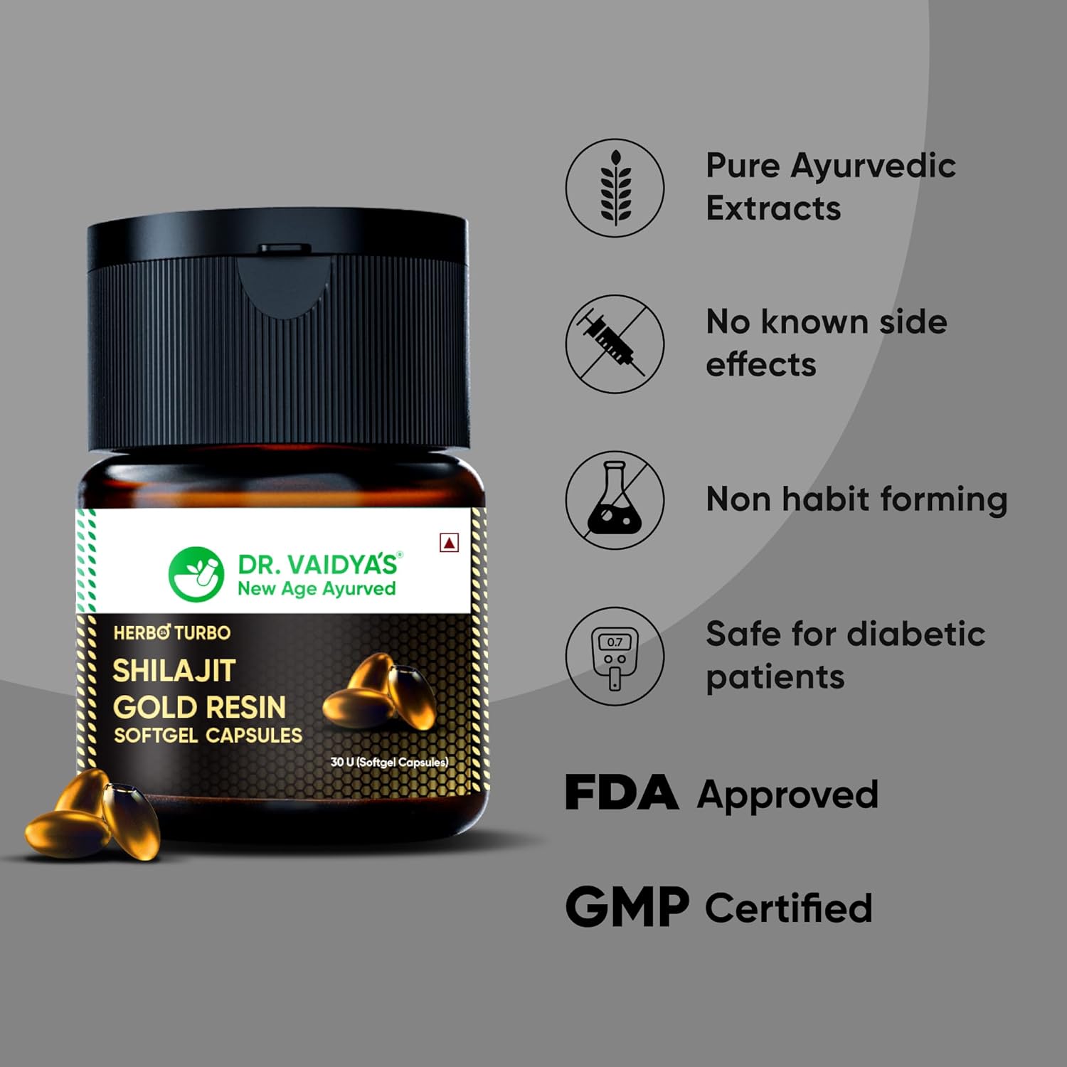 Dr. Vaidya's Herbo24Turbo Shilajit Resin Softgel Capsules | 30 Ayurvedic Capsules for Strength, Stamina & Energy in Men | Enriched with Pure Shilajit for Men & 24K Gold Bhasma (Pack of 2)