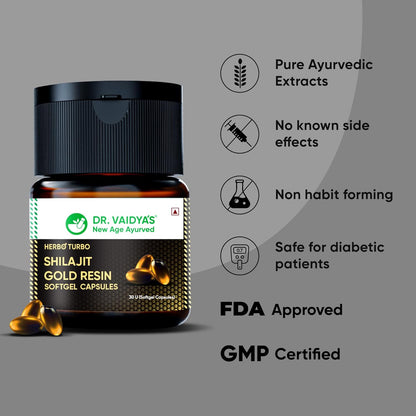 Dr. Vaidya's Herbo24Turbo Shilajit Resin Softgel Capsules | 30 Ayurvedic Capsules for Strength, Stamina & Energy in Men | Enriched with Pure Shilajit for Men & 24K Gold Bhasma (Pack of 2)