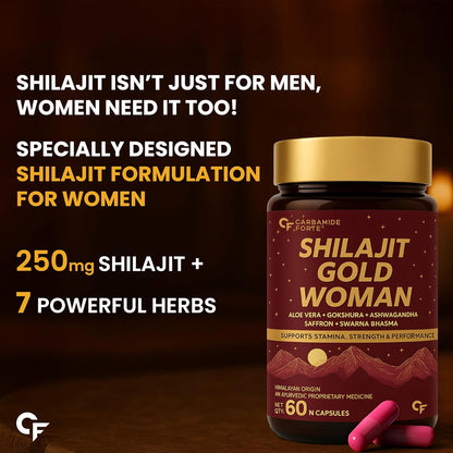 Carbamide Forte Shilajit Gold Capsules For Women With Pure Shilajeet Swarna Bhasma, Saffron & Ashwagandha | Himalayan Shilajit for Women | Shilajeet Gold Original | 60 Veg Capsules (Pack of 3)