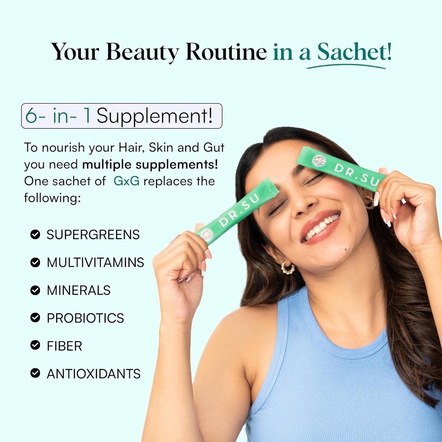 Dr.Su 6-In-1 Supplement Powder | Clear Skin, Strong Hair & Healthy Gut | With Vitamins, Minerals, Antioxidants, Probiotics, Fiber & Adaptogens | Lemon Mint | Sugar-Free | 30 Sachets | Unisex