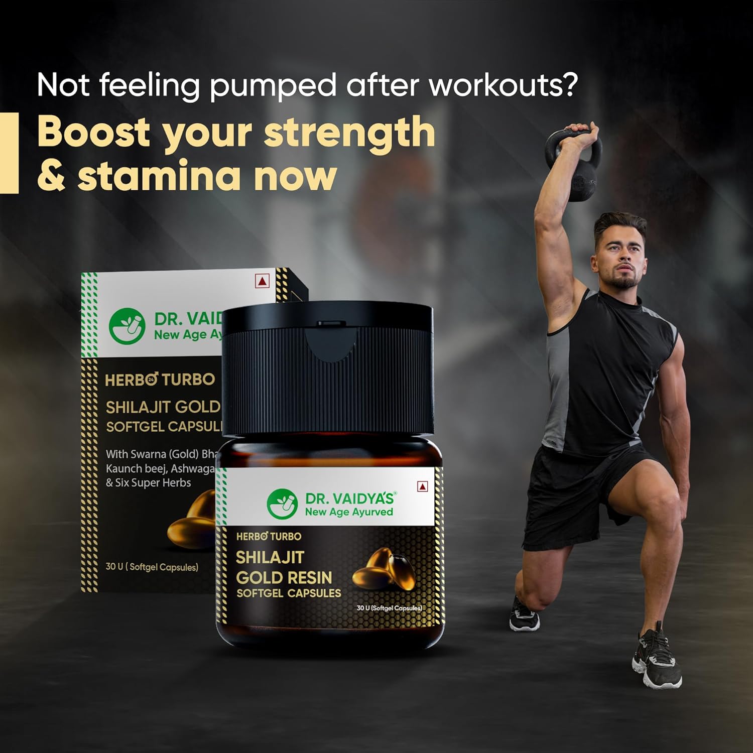 Dr. Vaidya's Herbo24Turbo Shilajit Gold Resin Softgel Capsules | 30 Ayurvedic Capsules for Strength, Stamina & Energy in Men | Enriched with Pure Shilajit for Men & 24K Gold Bhasma (Pack of 1)