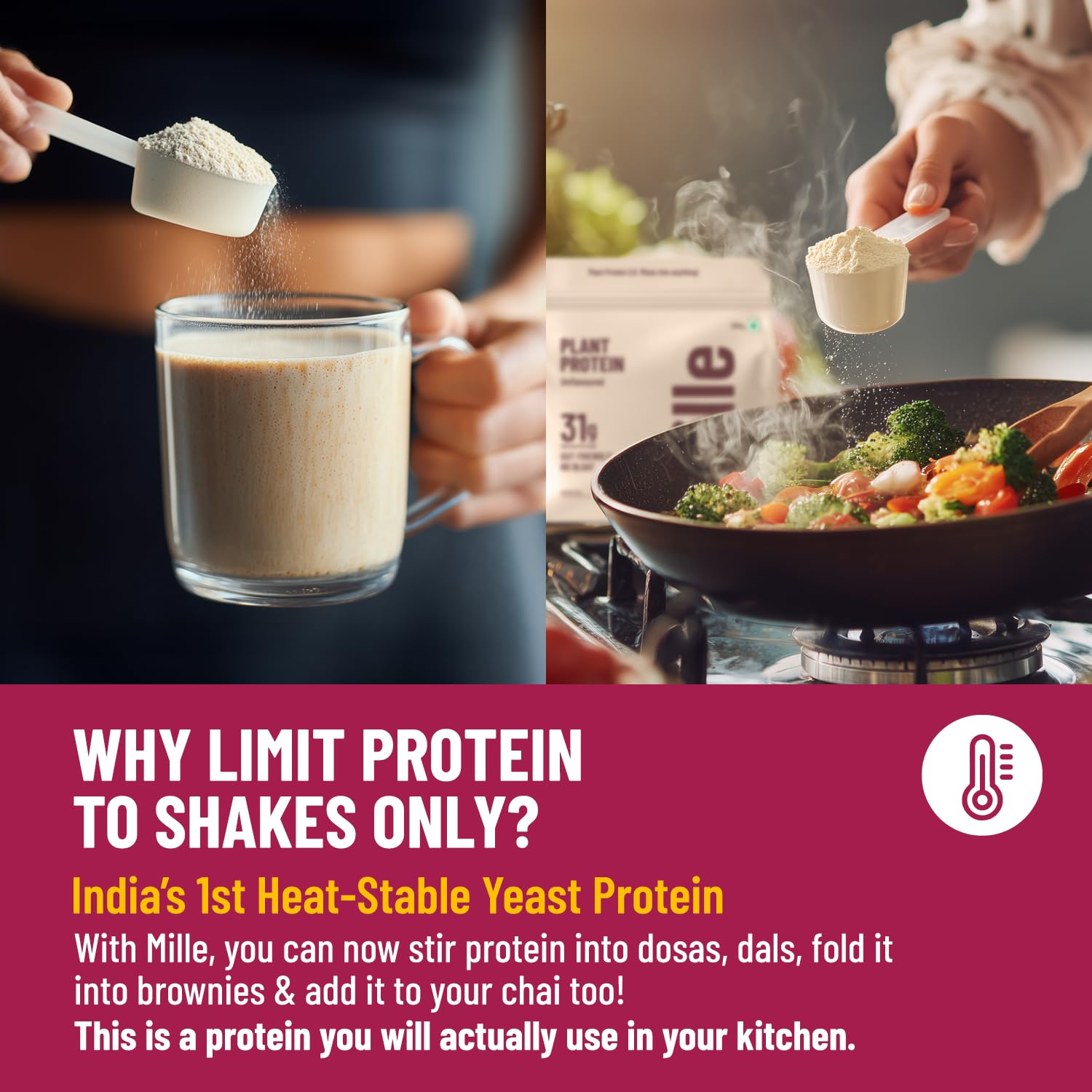 Mille Plant Protein | 31g Protein | Unflavoured | Made with Fermented Yeast Protein Powder | No Bloat, Vegan, Heat-Stable | Has All 9 Essential Amino Acids | Mixes into Any Dish | 500g