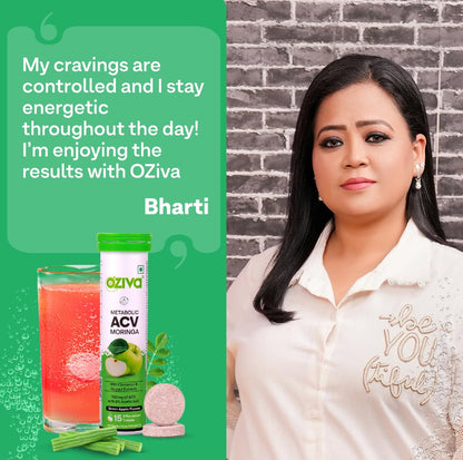 OZiva ACV Moringa | Control Cravings I Apple Cider Vinegar, Cinnamon, Guggul I No Maltodextrin & No Added Sugar I 15 Effervescent Tablets - Green Apple, Pack of 4 (60 tablets).