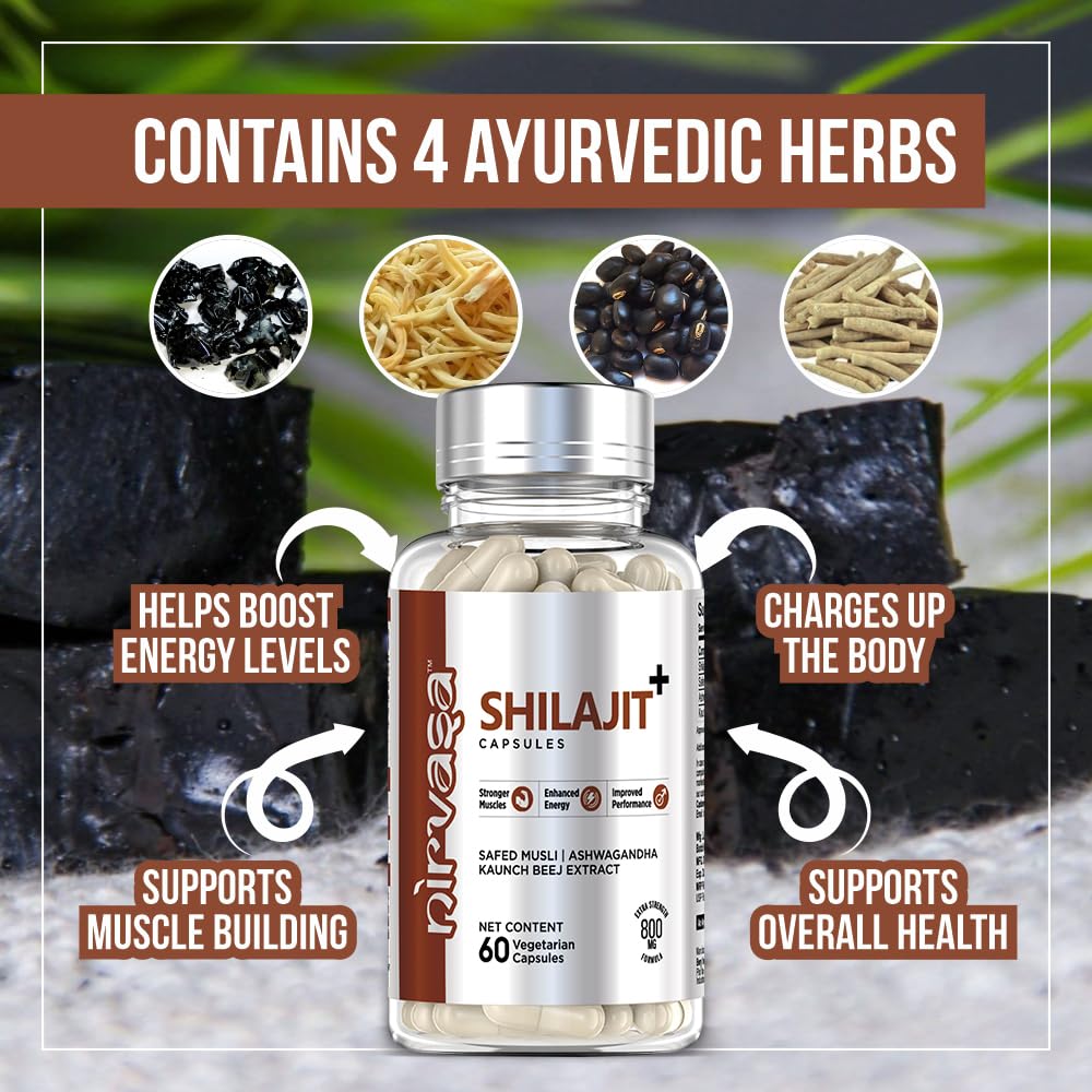 Nirvasa Pure Shilajit/Shilajeet (800mg) 3x60 Capsules | Boost Strength, Stamina, Energy & Immunity | Supports Vitality, Performance & Muscle Growth | Ashwagandha, Safed Musli & Kaunch Beej (Pack of 3)
