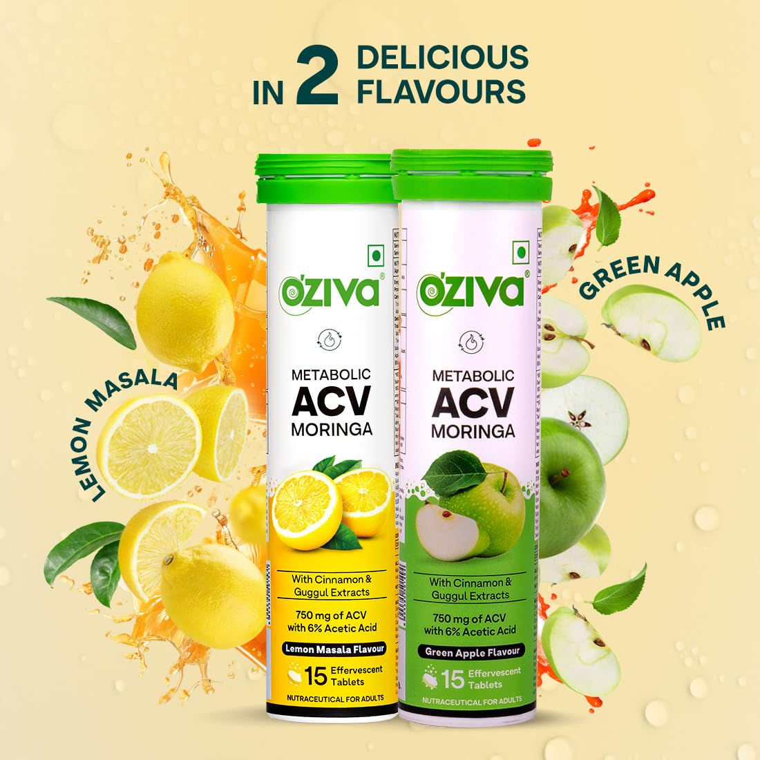 OZiva ACV Moringa | Control Cravings I Apple Cider Vinegar, Cinnamon, Guggul I No Maltodextrin & No Added Sugar I 15 Effervescent Tablets - Green Apple, Pack of 4 (60 tablets).