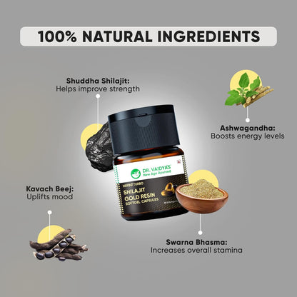 Dr. Vaidya's Herbo24Turbo Shilajit Gold Resin Softgel Capsules | 30 Ayurvedic Capsules for Strength, Stamina & Energy in Men | Enriched with Pure Shilajit for Men & 24K Gold Bhasma (Pack of 1)