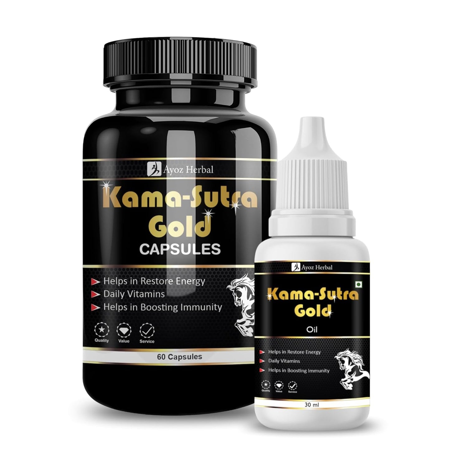 Kama Sutra Gold Capsules Recharge Energy 60 Capsules with Massage Oil 30ml Combo