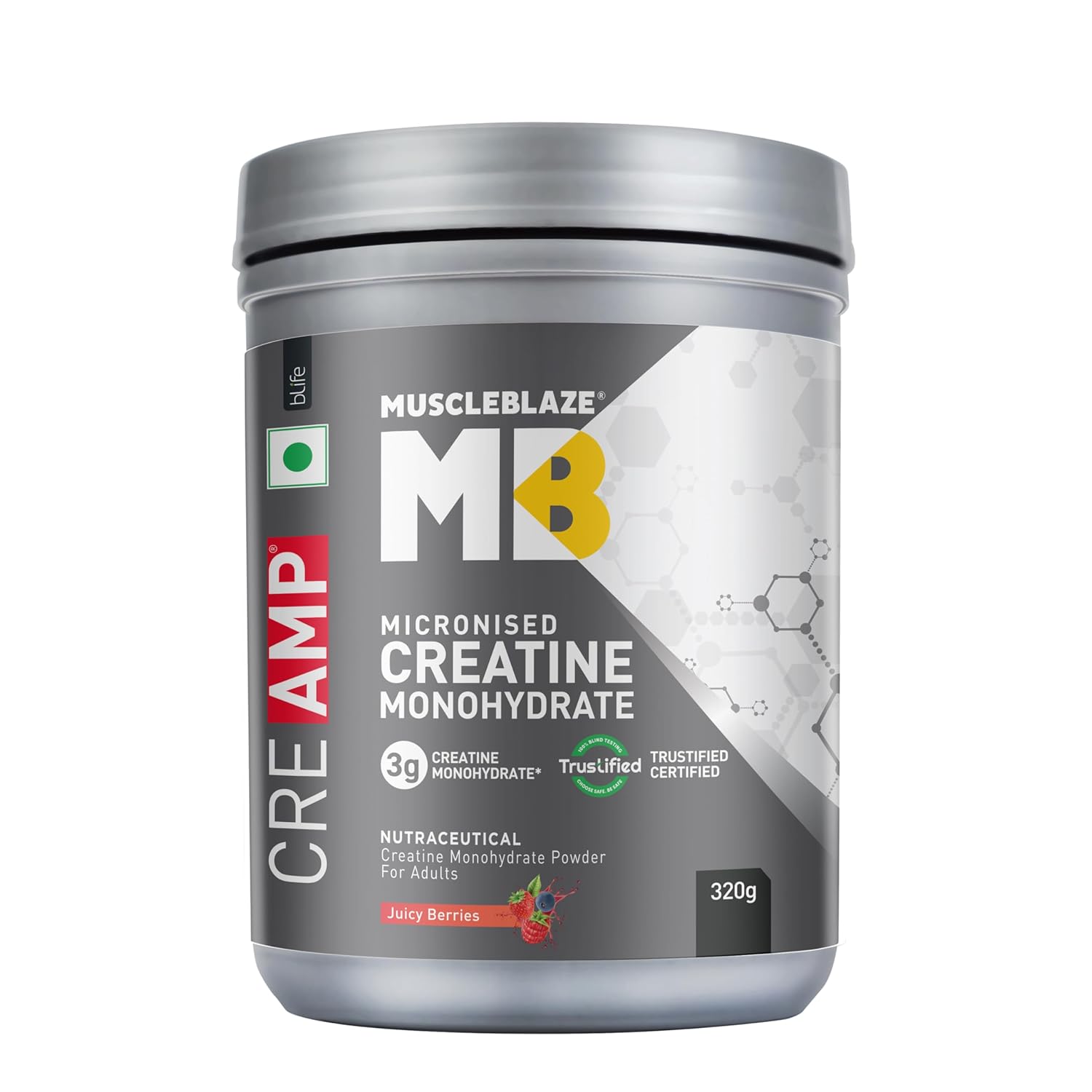 MuscleBlaze Micronised Creatine Monohydrate CreAMP Powder, Juicy Berries (80 Servings, 320g) | Trustified Certified Creatine