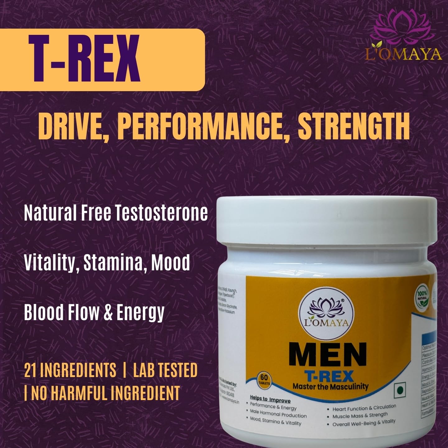 L'Omaya T-REX for Men | 60 Tablets | Enhances Energy, Performance, Stamina | Supports Testosterone, Muscle Strength & Health| Natural Health Support