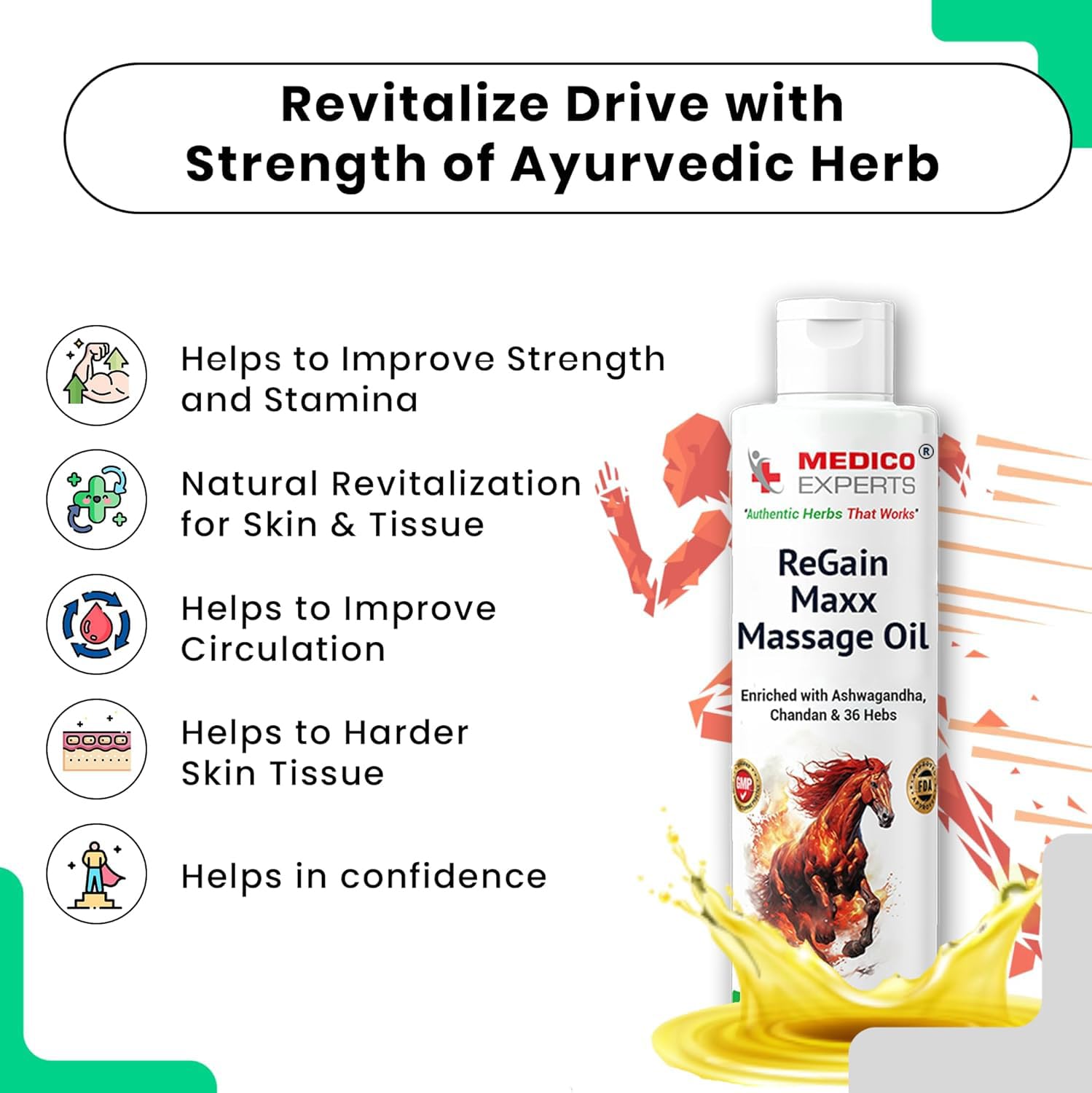 ReGain Maxx Massage Oil for Men - 50ml (3 Bottles) | FDA Approved | 100% Pure & Natural Lift Up Oil Helps to Restores Energy Enriched with Ashwagandha, Chandan, Clove & 35 Herbs