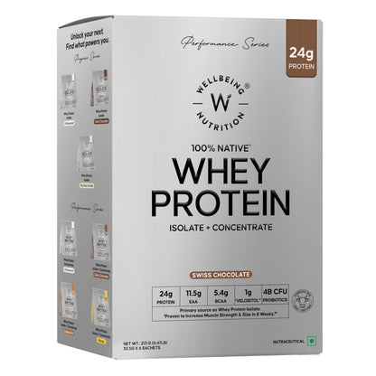 Wellbeing Nutrition Whey Protein Isolate & Concentrate 1Kg Swiss Chocolate | 24g Protein, Clinically Proven Velositol 2x Muscle Protein Synthesis, 4B CFU Probiotics & Digestive Enzymes, Easy to Digest