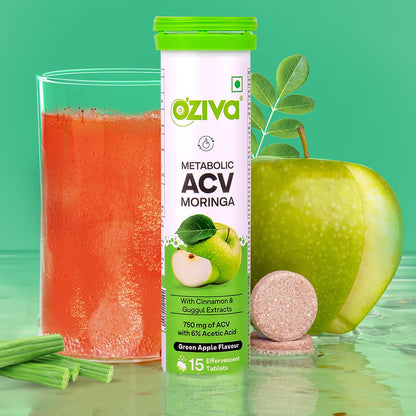 OZiva ACV Moringa | Control Cravings I Apple Cider Vinegar, Cinnamon, Guggul I No Maltodextrin & No Added Sugar I 15 Effervescent Tablets - Green Apple, Pack of 4 (60 tablets).