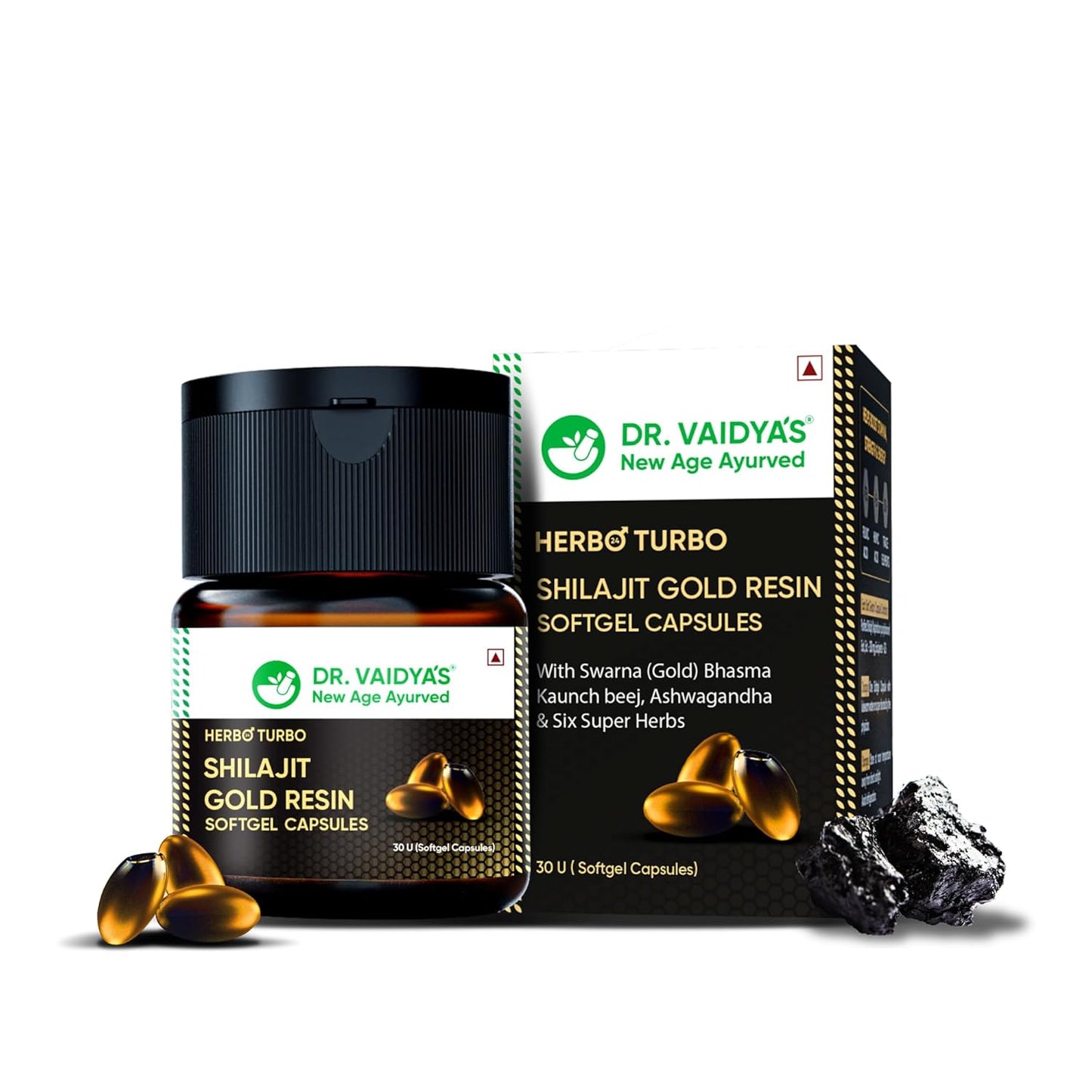 Dr. Vaidya's Herbo24Turbo Shilajit Gold Resin Softgel Capsules | 30 Ayurvedic Capsules for Strength, Stamina & Energy in Men | Enriched with Pure Shilajit for Men & 24K Gold Bhasma (Pack of 1)