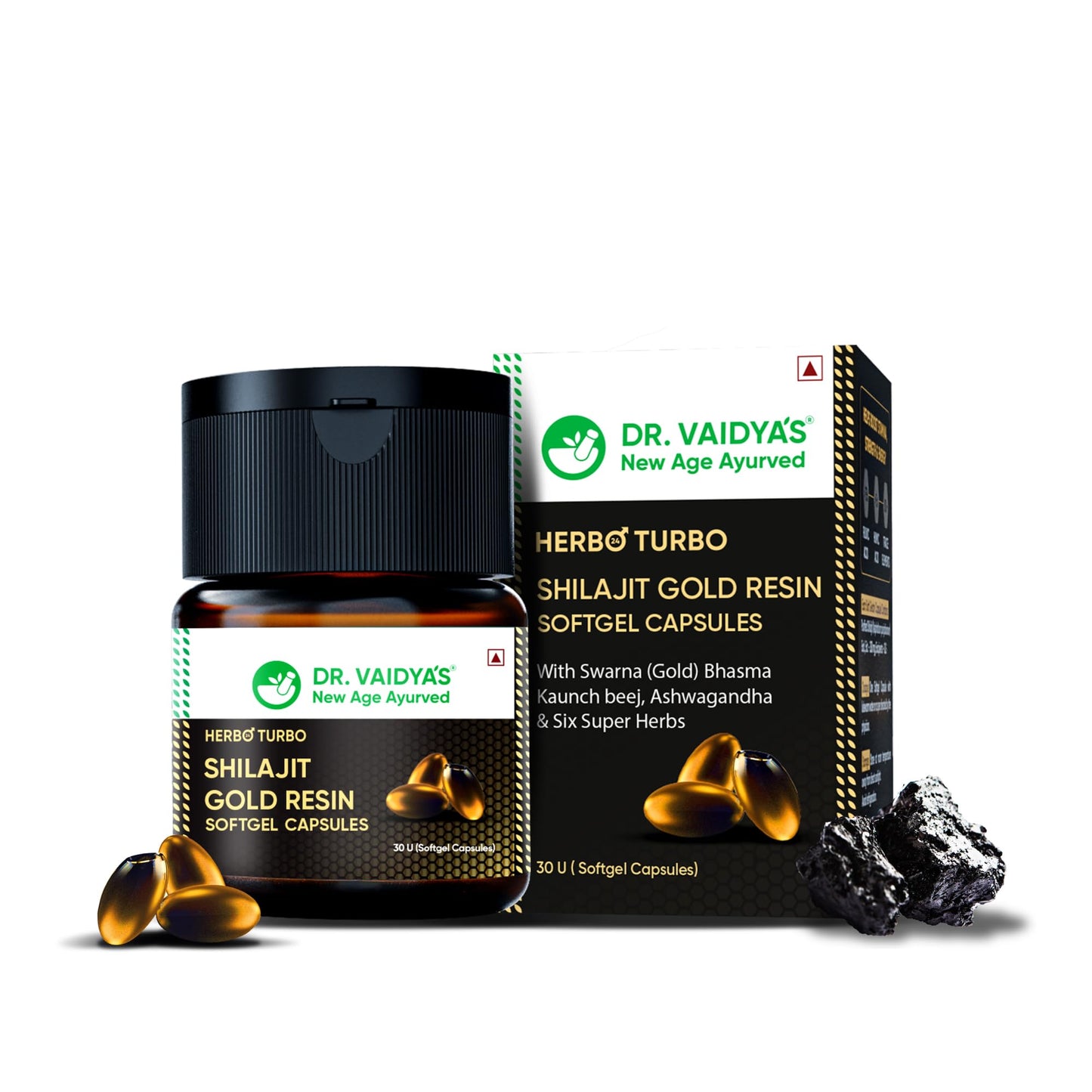 Dr. Vaidya's Herbo24Turbo Shilajit Resin Softgel Capsules | 30 Ayurvedic Capsules for Strength, Stamina & Energy in Men | Enriched with Pure Shilajit for Men & 24K Gold Bhasma (Pack of 2)