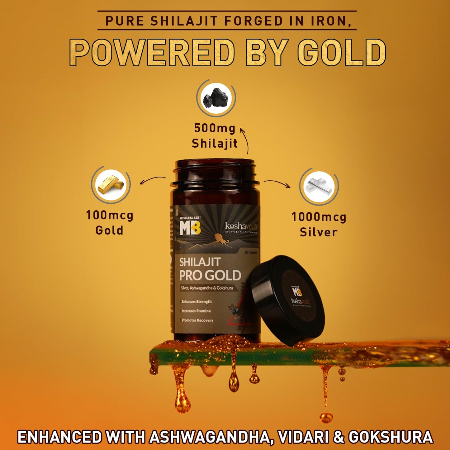 Koshaveda Shilajit Pro Gold by MuscleBlaze (60 Tablets) | Fortified with 24 Carat Gold, Shilajit, Ashwagandha & Gokshura | For Strength, Stamina & Recovery