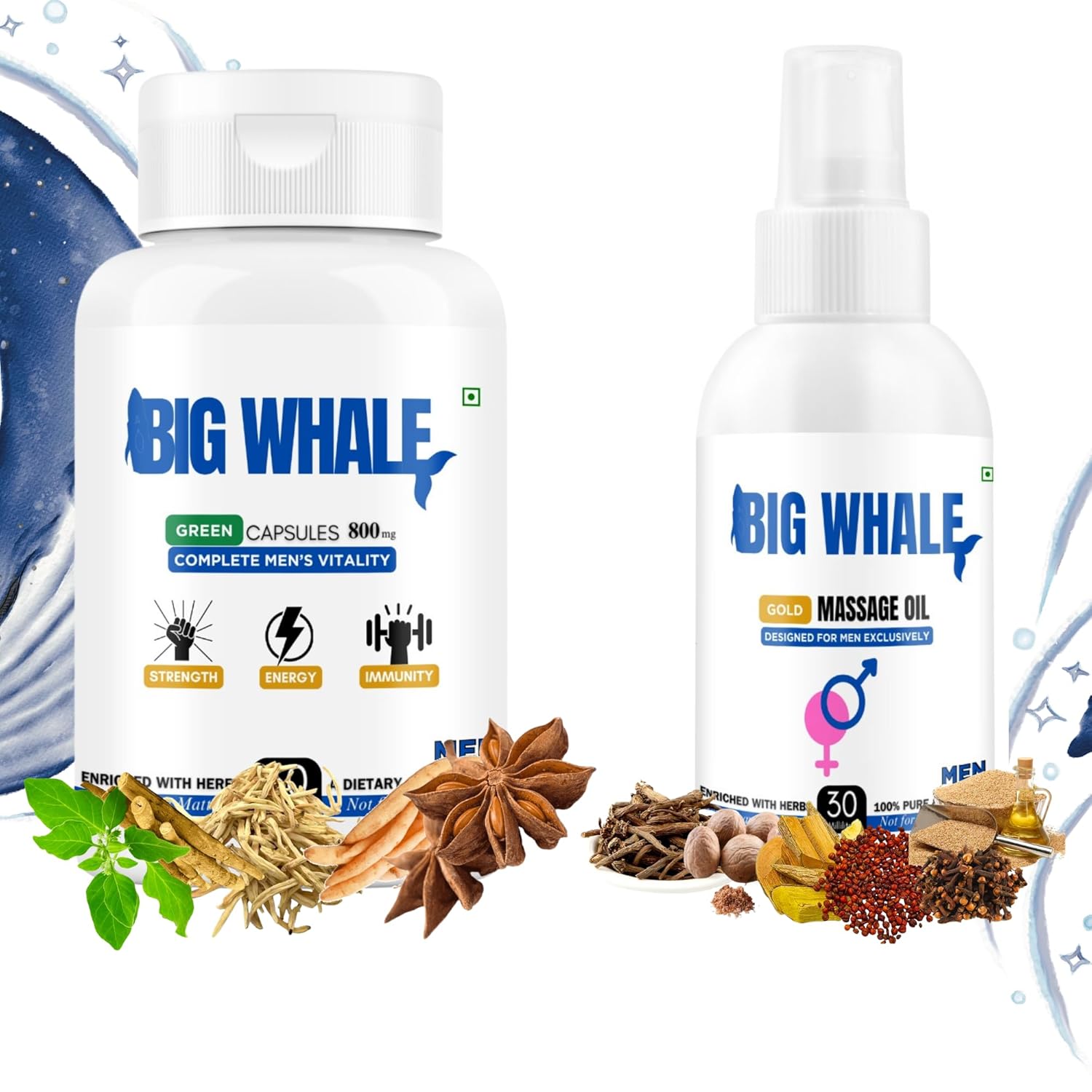 Big Whale Lift-Up Massage Oil for Men 30ml & Lift-Up Capsule 60 Cap | Massage Oil for Men | Stamina Booster Capsule | Strength Energy Performance