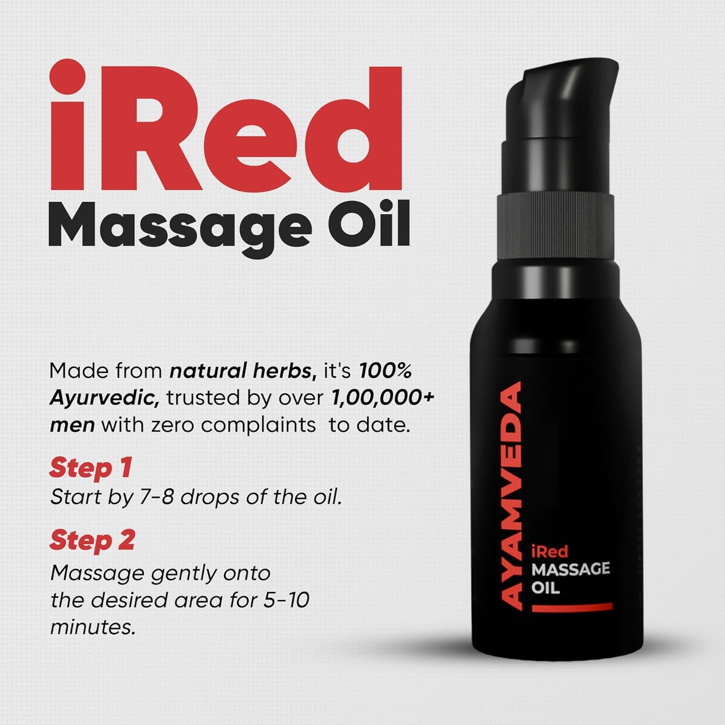 AyamVeda iRed Ayurvedic Massage Oil for Men with 60+ Herbs like Ashwagandha & Shilajit | 100% Natural | 60 ml (30 ml x 2 Bottles)