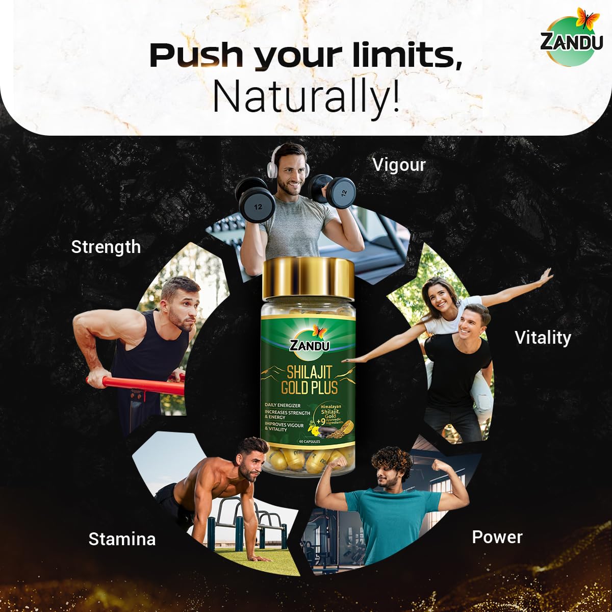 Zandu Shilajit/Shilajeet Gold Plus Capsules IBoosts Stamina, Strength & Energy in 28 Days | 60 Capsules I 100% Pure Himalayan Shilajit with 24K Gold Bhasma