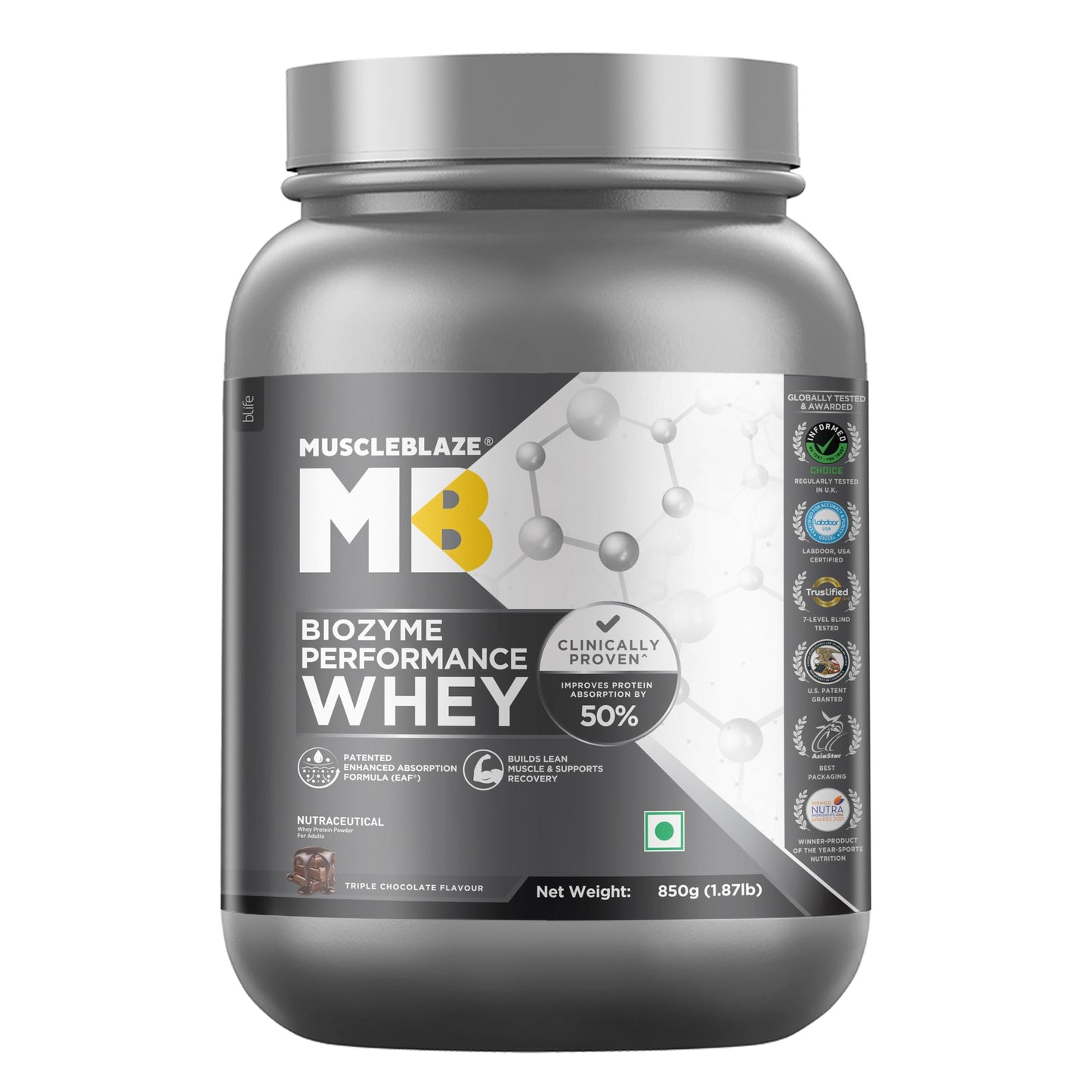 MuscleBlaze Biozyme Performance Whey Protein Powder, Rich Chocolate (1kg / 2.2lbs) | 25g Protein Per Scoop | Clinically Tested 50% Higher Protein Absorption
