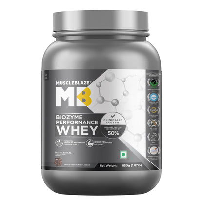 MuscleBlaze Biozyme Performance Whey Protein Powder, Rich Chocolate (1kg / 2.2lbs) | 25g Protein Per Scoop | Clinically Tested 50% Higher Protein Absorption