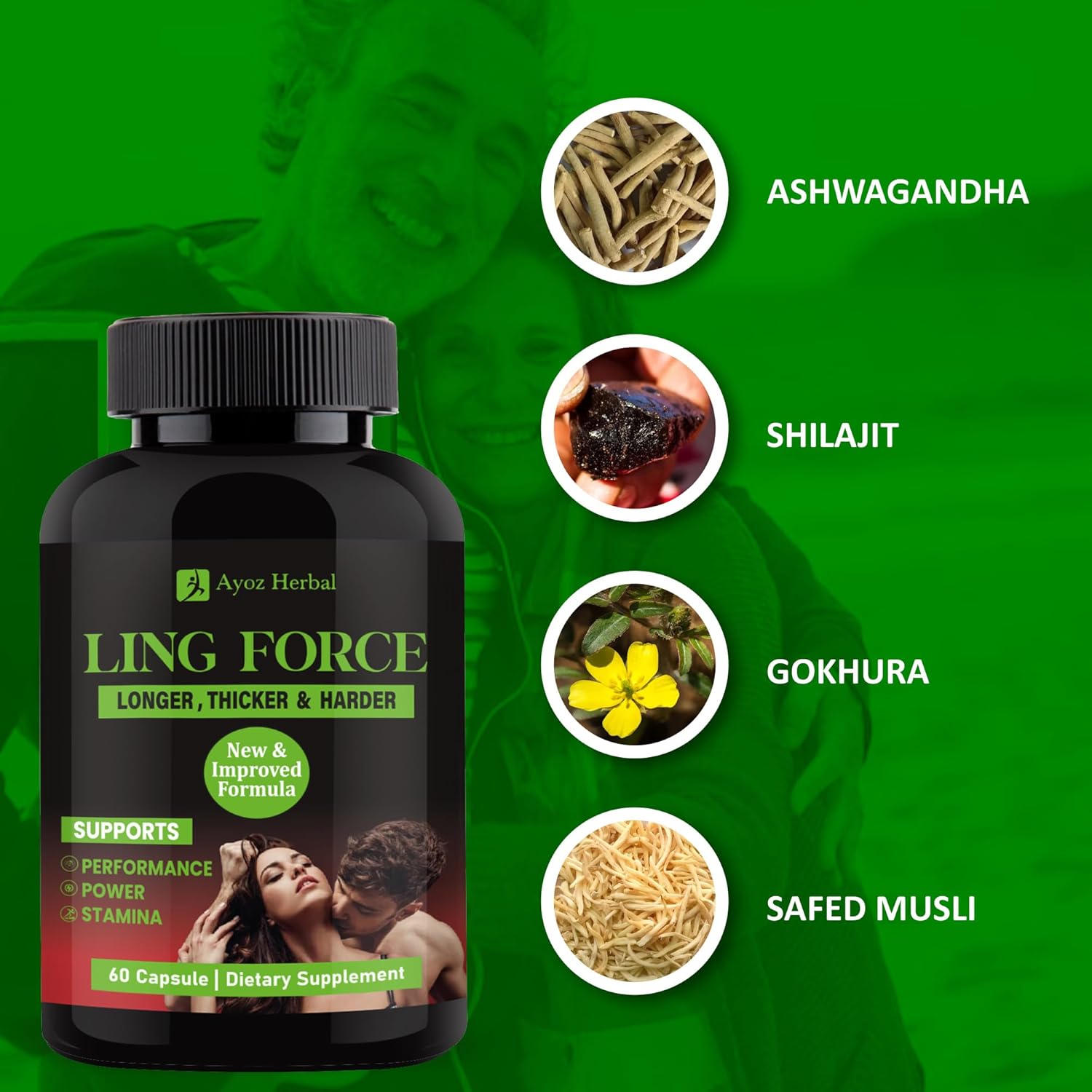 Ling Force Tablets for Men Long Time Performance | Ayurvedic Supplement with Shilajit, Safed Musli & Gokshura | Stamina, Energy & Strength Booster | Lamba Mota & Wellness Support – 60 Capsules